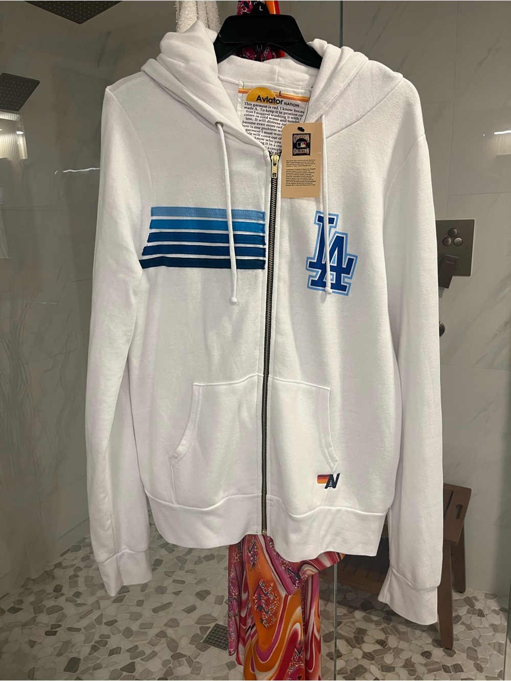 Aviator Nation White Zip Hoodie with Blue LA Stripes - Picture 6 of 6